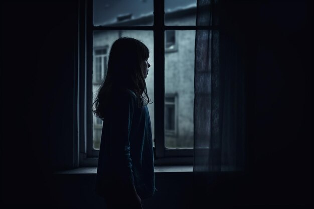 vista posteriore della ragazza solitaria in piedi al buio dietro la finestra che guarda