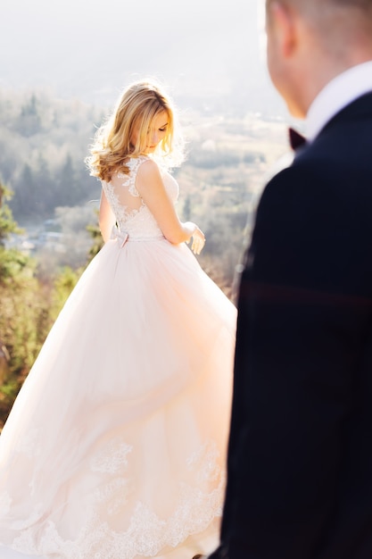 Vista posteriore della sposa con l'acconciatura su uno sfondo di montagne