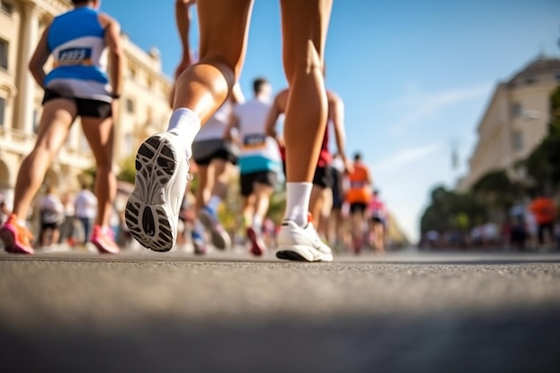 Vista posteriore delle gambe ad angolo basso del maratoneta con spazio per la copia IA generativa