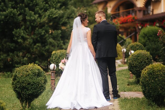 Vista posteriore dello sposo e della sposa Coppia passeggiate nel parco