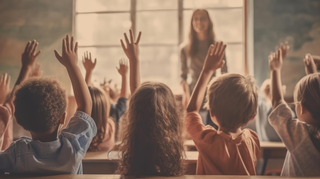 Vista posteriore dello studente di gruppo immaginario che alza la mano nel bicchiere