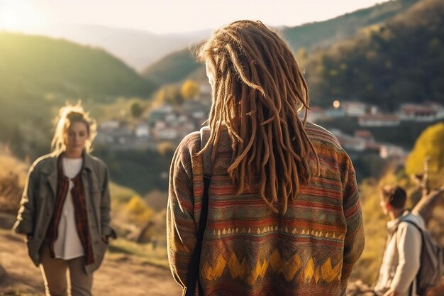 Vista posteriore di amici in viaggio in stile hippie verso nuove frontiere nelle montagne AI generative