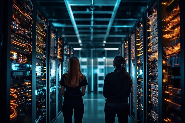 Vista posteriore di due donne che lavorano in un data center gestendo cavi con file di server rack