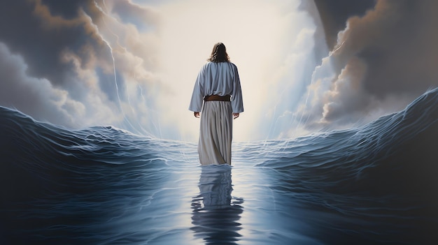 Vista posteriore di Gesù Cristo che cammina sull'acqua