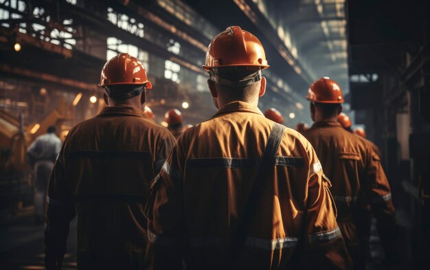 Vista posteriore di lavoratori con cappello di sicurezza