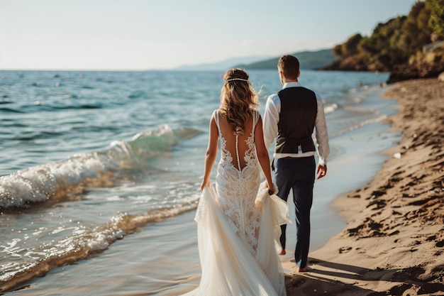 vista posteriore di nozze di una coppia in abito da sposa e abito che cammina sulla spiaggia estiva