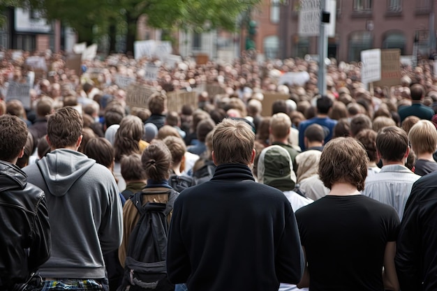 Vista posteriore di persone aggressive che protestano per la strada della città Attivisti di protesta IA generativa