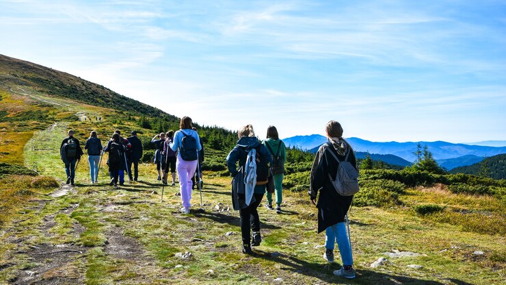 Vista posteriore di persone che fanno escursioni in montagna. Gruppo di persone che fanno un'escursione in avanti il passo. Gruppo di escursionisti a piedi in montagna