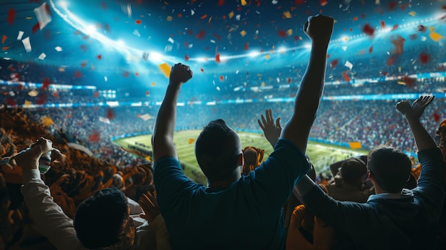 Vista posteriore di tifosi di calcio che applaudono la loro squadra in uno stadio affollato di notte Fani di calcio che festeggiano una vittoria nello stadio