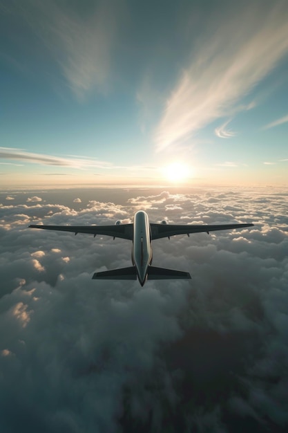 Vista posteriore di un aereo nel cielo sopra le nuvole contro l'orizzonte al tramonto