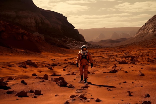 Vista posteriore di un astronauta che indossa una tuta spaziale che cammina su una superficie di un pianeta rosso base marziana e rove