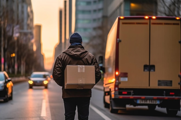 Vista posteriore di un autista di camion di consegna diligente che maneggia una scatola AI generativa