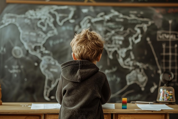 Vista posteriore di un bambino che scrive con il gesso su una tavola nera soluzione di un esempio