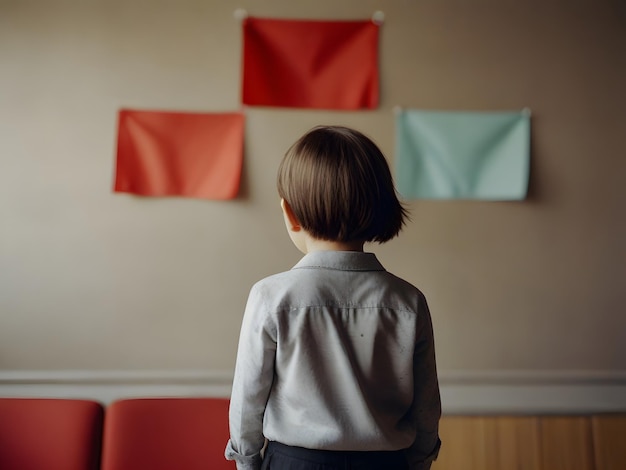 Vista posteriore di un bambino in una stanza con bandiere rosse e blu