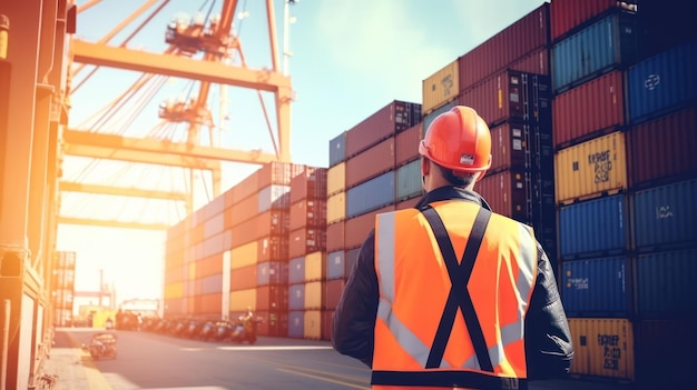 Vista posteriore di un capo ingegnere che controlla e controlla i container di carico con il team logistico