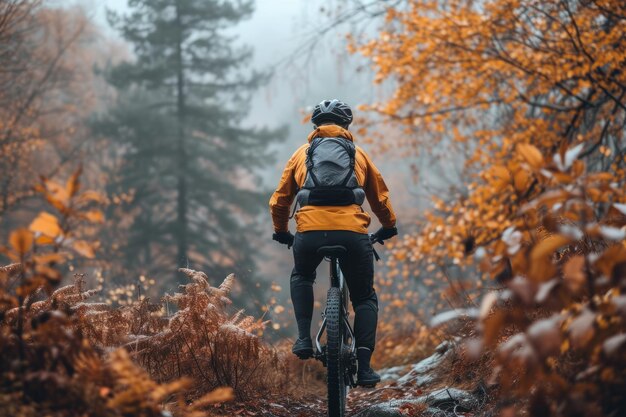 Vista posteriore di un ciclista che guida una mountain bike lungo un sentiero in una pittoresca foresta autunnale estrema