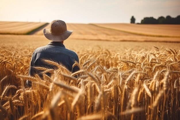 Vista posteriore di un contadino con un cappello che guarda gli infiniti campi di grano maturo ai raggi del sole