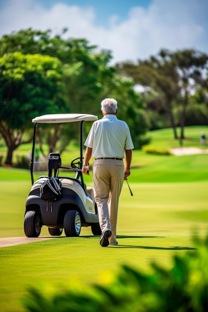 vista posteriore di un giocatore di golf anziano in un campo da golf AI generativo