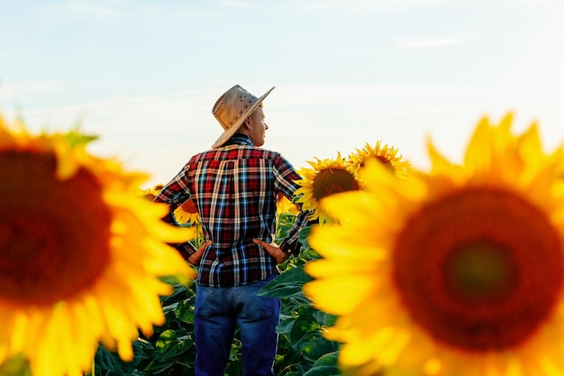 Vista posteriore di un giovane agricoltore in un cappello in piedi sul campo di girasoli