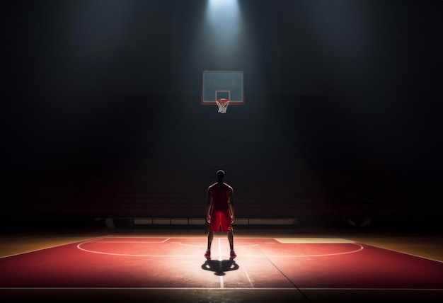 Vista posteriore di un giovane atleta maschio in piedi in un campo da basket in un raggio di luce spot