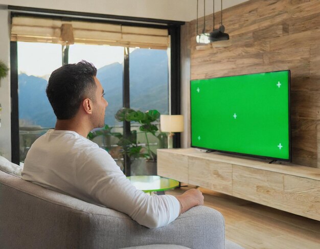 Vista posteriore di un giovane che guarda la TV in soggiorno a casa