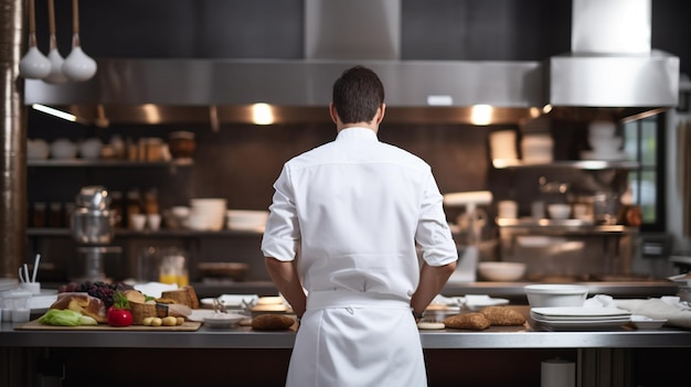 Vista posteriore di un giovane chef maschio in piedi nella cucina di un ristorante