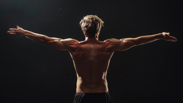 Vista posteriore di un giovane muscoloso e sano con le braccia allungate isolato su uno sfondo nero
