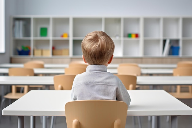 Vista posteriore di un giovane studente seduto da solo a una scrivania in un'aula moderna luminosa perfetta per ambienti scolastici di contenuto educativo e temi di sviluppo infantile AI generativa