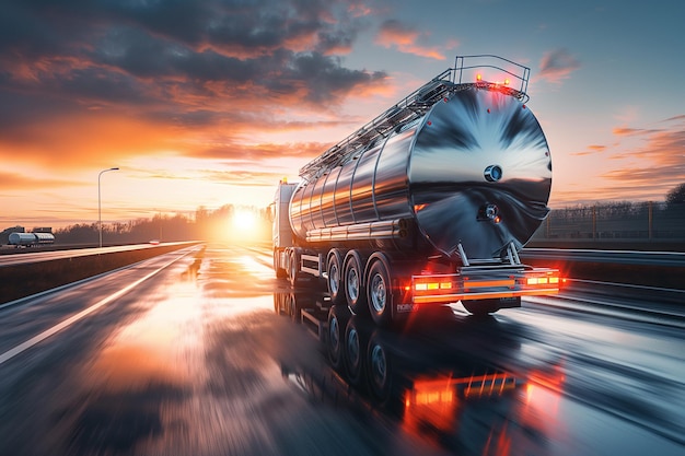 Vista posteriore di un grande camion cisterna di carburante metallico in movimento per la spedizione