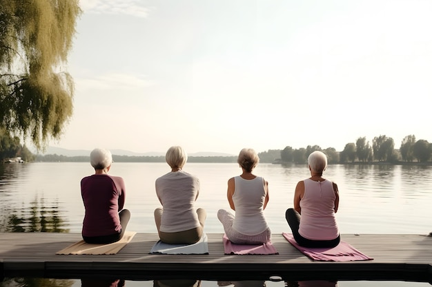 vista posteriore di un gruppo di donne anziane che fanno esercizi di yoga sul molo di legno di fronte al lago mattutino d'estate Rete neurale generata nel maggio 2023 Non basata su alcuna scena o modello di persona reale