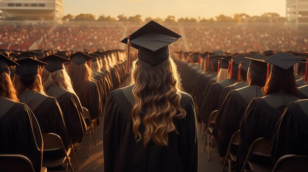 Vista posteriore di un gruppo di ragazze laureate in piedi all'aperto sulla strada