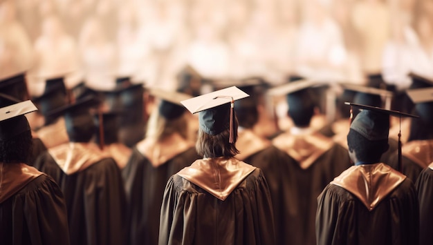 Vista posteriore di un gruppo di studenti che indossano cappelli di laurea con intelligenza artificiale generata