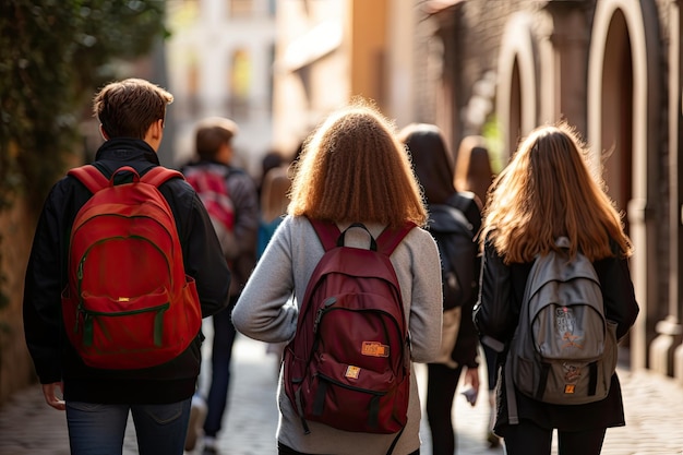 Vista posteriore di un gruppo di studenti con zaini che cammina per strada Vista posteriore di un gruppo di studenti con zaini che cammina per strada ragazzi delle scuole superiori con zaini generati dall'intelligenza artificiale