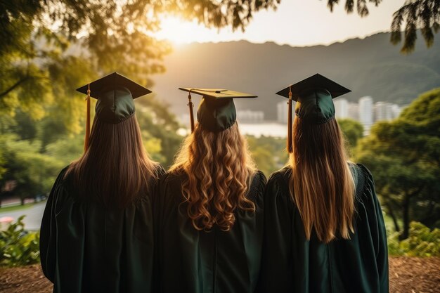Vista posteriore di un gruppo di studenti laureati al college al tramonto Concetto di educazione e apprendimento