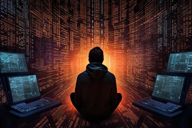 Vista posteriore di un hacker nel processo di hacking della rete