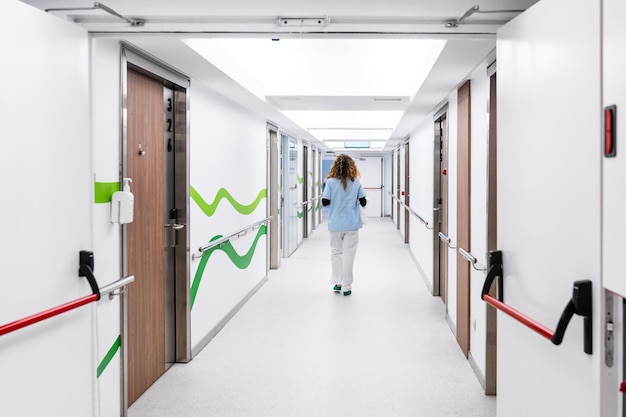 Vista posteriore di un'infermiera non identificabile che cammina lungo le porte del corridoio di un ospedale ben illuminate