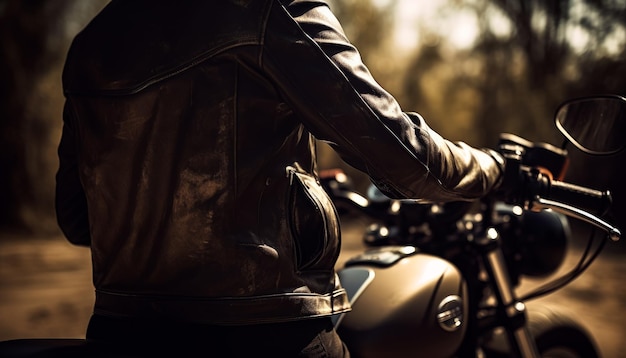 Vista posteriore di un motociclista in giacca di pelle seduto sulla sua motocicletta Motociclista non riconosciuto sul suo veicolo all'aperto AI generativa