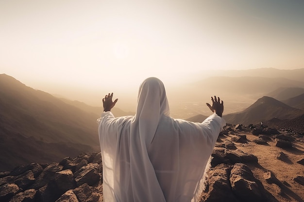 Vista posteriore di un musulmano che indossa abiti arabi sul picco di Hill Mountain alzando le mani