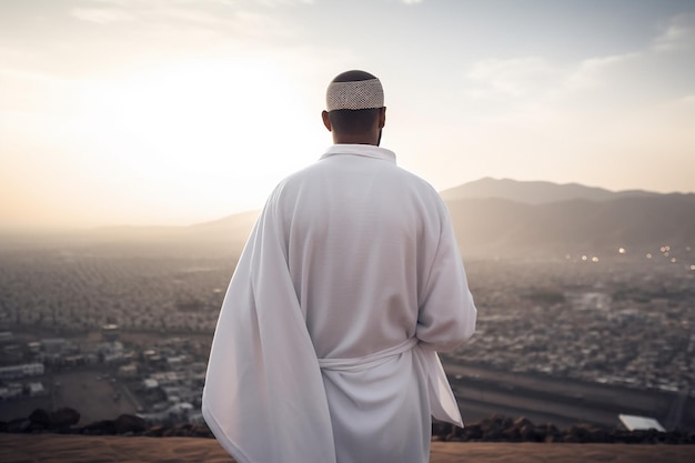 Vista posteriore di un musulmano che indossa abiti Hajj e cappello da pellegrino nel deserto arabo