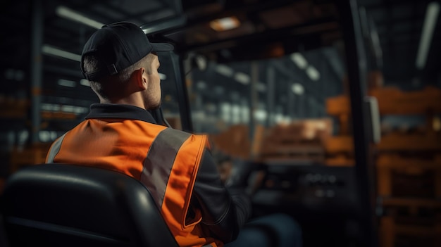 Vista posteriore di un operaio del magazzino in piedi davanti al carrello elevatore nel magazzino