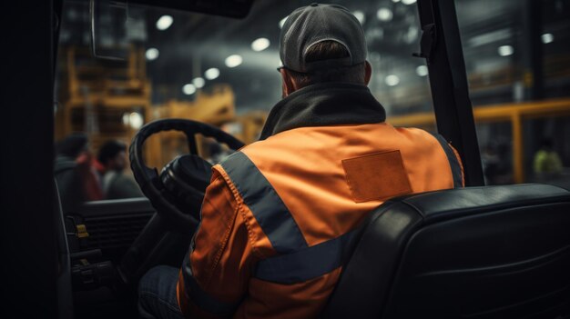 Vista posteriore di un operaio del magazzino in piedi davanti al carrello elevatore nel magazzino