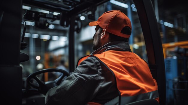 Vista posteriore di un operaio del magazzino in piedi davanti al carrello elevatore nel magazzino