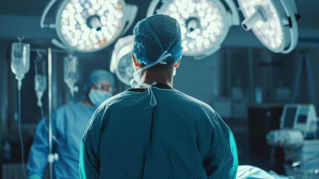 Vista posteriore di un'operazione di un chirurgo nella sala operatoria dell'ospedale