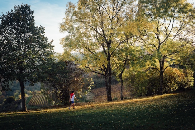 Vista posteriore di un ragazzo che cammina sul campo