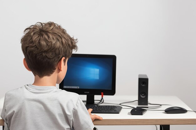 Vista posteriore di un ragazzo con un computer sul tavolo su sfondo bianco