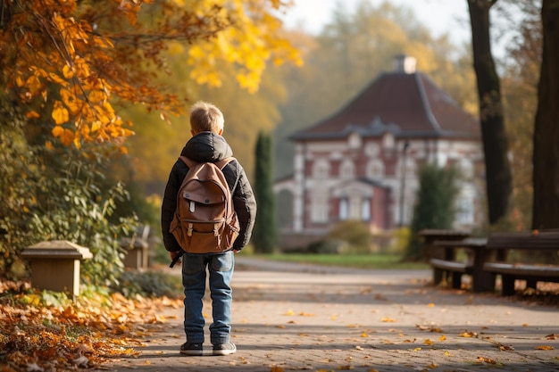 Vista posteriore di un ragazzo con uno zaino nella scuola torna al concetto di scuola