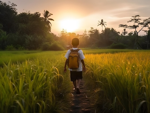 Vista posteriore di un ragazzo indonesiano che torna a casa attraverso le risaie la sera IA generativa