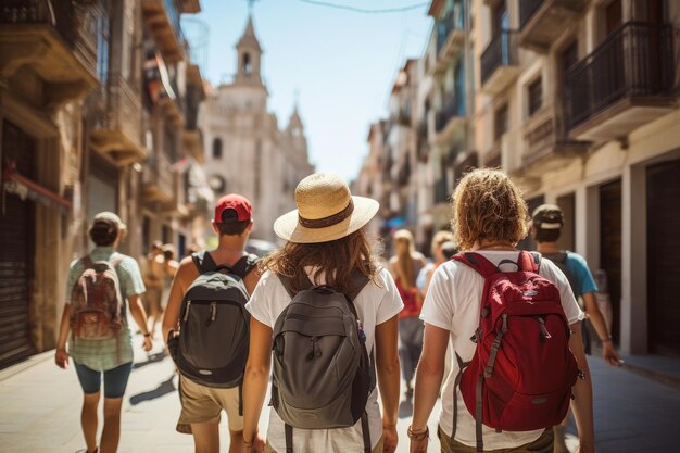 Vista posteriore di un turista felice nel suo viaggio in Europa