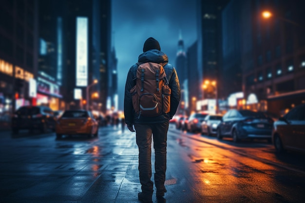 Vista posteriore di un turista maschio con uno zaino che guarda avanti alla luce della strada notturna piovosa in una grande città