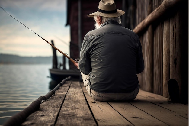 Vista posteriore di un uomo anziano seduto su un molo di legno e che pesca